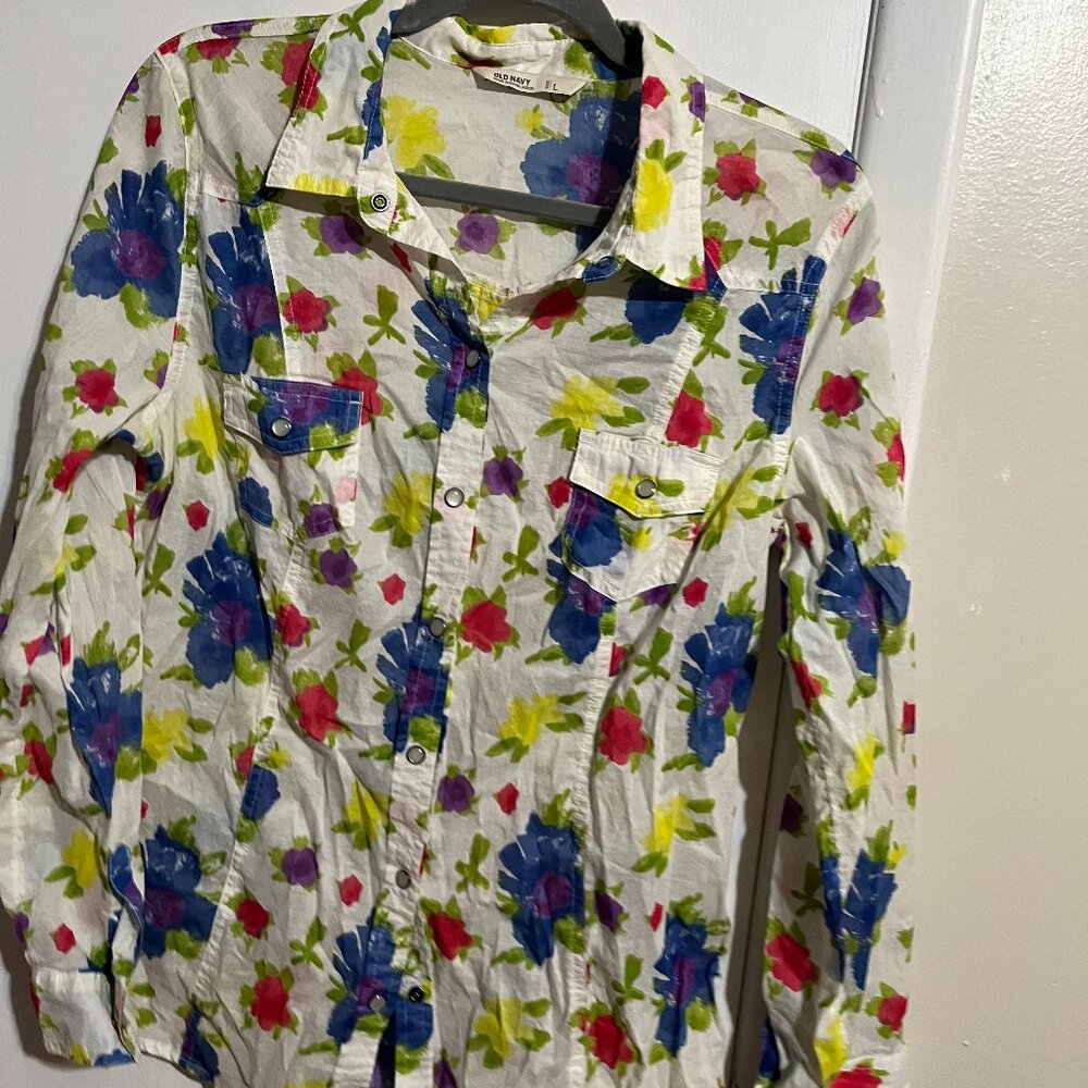 OLD NAVY FLORAL BLOUSE SNAPS SZ L COTTON
